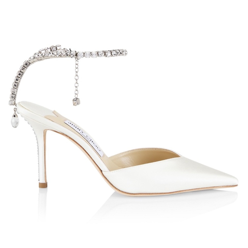 Jimmy Choo Saeda 85MM White Crystal Chain-Strap Satin Pumps 37.5